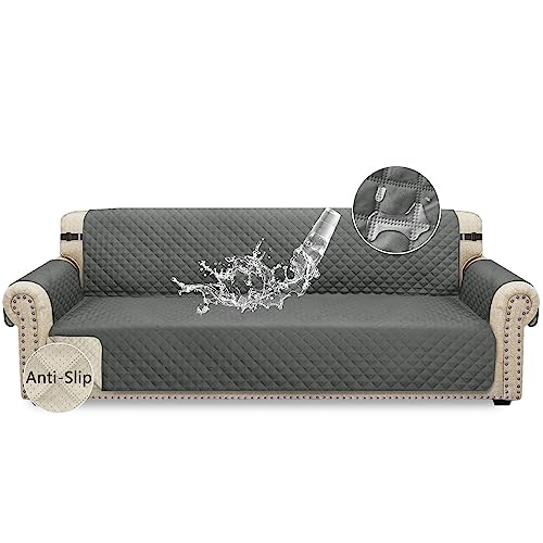 Granbest wasserdichte Überdimensioniert Sofabezug 4-Sitzer rutschfeste Couchbezug mit Elastischen Riemen, Waschbare Sofaschutz für Kinder, Haustiere, Hunde, Katzen(4-Sitzer, Grau) von Granbest