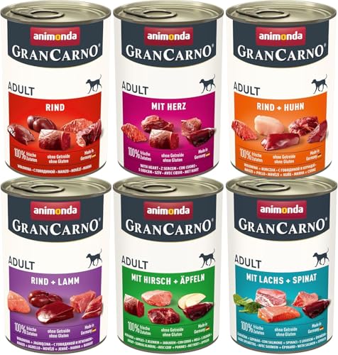 animonda GranCarno Adult Herzhafte Variation (6 x 400 g), Hunde Nassfutter für ausgewachsende Tiere, Nassfutter für Hunde mit 100% frischen, fleischlichen Zutaten, Hundefutter ohne Getreide von Grancarno