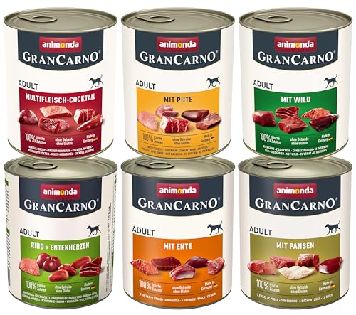 animonda GranCarno Hunde Nassfutter Kräftige Variation II (6 x 800 g), getreidefreies Hundenassfutter ohne Zucker, für ausgewachsene Hunde, mit frischen fleischigen Zutaten von Grancarno