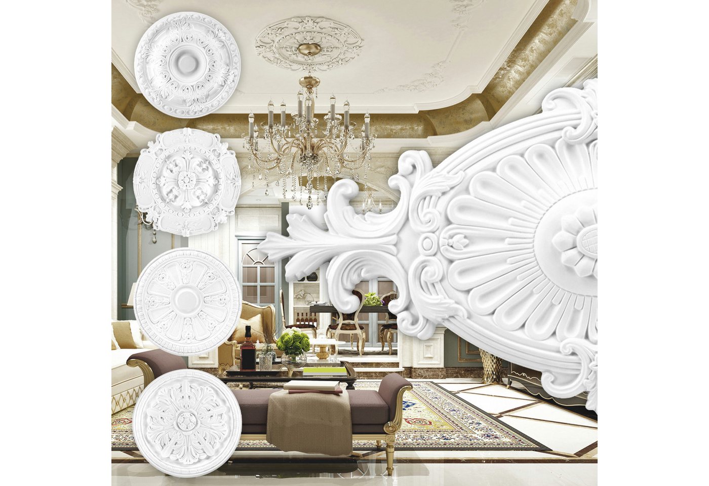 Grand Decor Wanddekoobjekt R114 (Stuckrosette aus PU hartschaum, weiß, Zierelement, Stuck, Dekorbau Wand Deckenstuck Lampe Wandstuck Oval) von Grand Decor