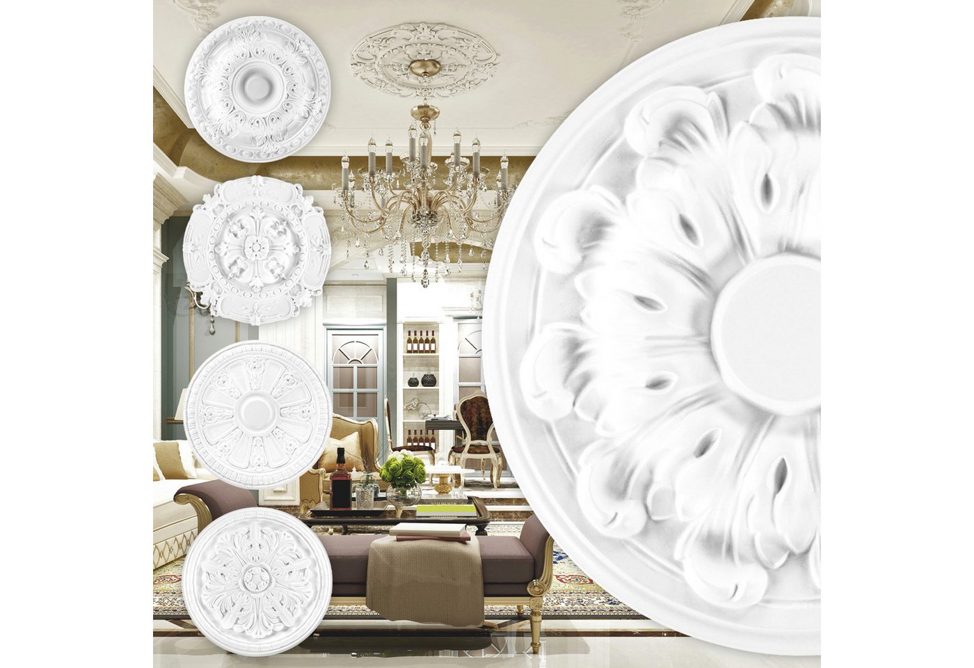 Grand Decor Wanddekoobjekt R115 (Stuckrosette aus PU hartschaum, weiß, Zierelement, Stuck, Wanddeko Deckenstuck Lampe Rosette Klein rund) von Grand Decor