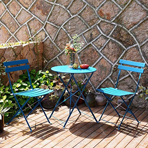 Grand patio Bistro Set 3 Stück, Gartenmöbel Set, Sitzgruppe 2 Stühle und 1 Tisch, Premium Stahl, Klappbar, Balkonset für Hof, Garten, draussen (Pfauenblau) von Grand patio