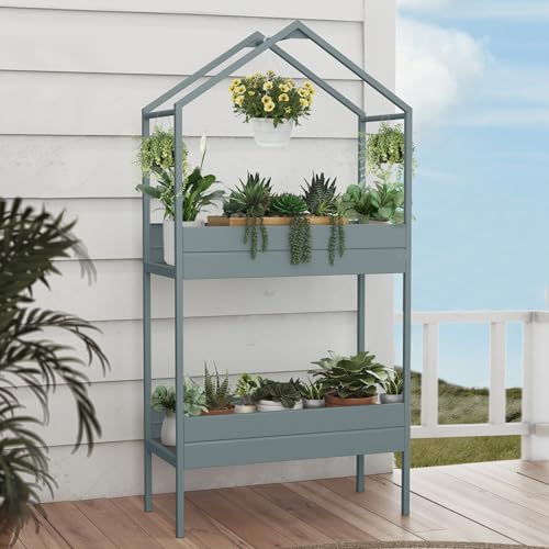 Grand patio Blumentreppe Hoch 2 Etagen, Outdoor Blumenständer Pflanzenständer Metall, Höhe 150cm, Blumenregal für Garten Balkon Patio Indoor(Salbei Grün) von Grand patio