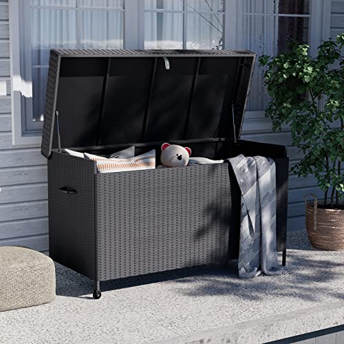 Grand patio Rattan Auflagenbox 678 Liter, 2 Gasdruckfedern Gartenbox mit Deckel, UV-beständig Aufbewahrungskiste mit Zwei Radern, Leicht Bewegen, Kissenbox für Garten, Balkon (Schwarz) von Grand patio