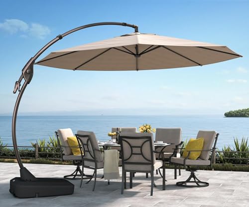 Grand patio Sonnenschirm mit Schirmständer, Gartenschirm 350cm mit Volant, Neigungswinkelverstellung, UV-Schutz UPF 50+, Marktschirm mit Kurbel, für Garten, Balkon, Terrass (Beige) von Grand patio