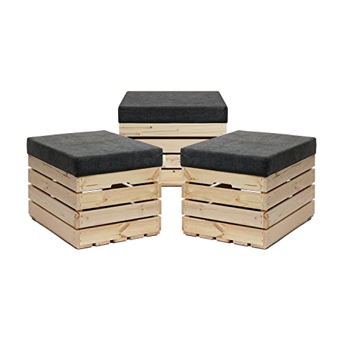 GrandBox Sitzhocker aus Holz 37x40x50 Polster, Sitztruhe Hocker mit Stauraum, Sitzbank, Sitzpouf, Sitzkiste Shabby Chick Vintage Weinkiste mit Deckel - Natur unbehandelt 3er Set von GrandBox