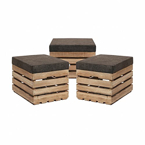 GrandBox Sitzhocker aus Holz 37x40x50 Polster, Sitztruhe Hocker mit Stauraum, Sitzbank, Sitzpouf, Sitzkiste Shabby Chick Vintage Weinkiste mit Deckel - geflammt 3er Set von GrandBox