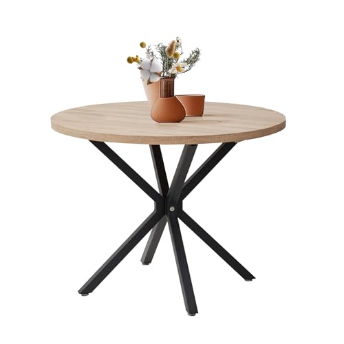 GrandCA HOME 100 cm esstisch rund，Großer esstisch,Geeignet für 4-6 Personen，MDF-Platte/Metallbeine aus Eisen,Geeignet für Küche, Esszimmer, Café, Wohnzimmer (Helle Holzmaserung) von GrandCA HOME