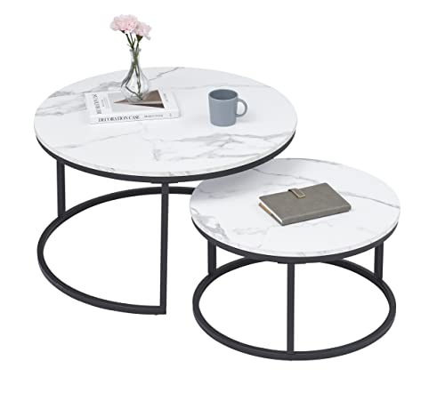 GrandCA HOME 2er Set Runder Couchtisch Beistelltisch (Marmorimitat) für das Wohnzimmer, Große Größe: 80x80x45cm; Kleine Größe: 60 x 60 x 35 cm,Schwarz von GrandCA HOME