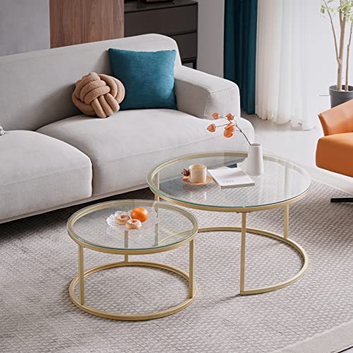 GrandCA HOME 2er Set Runder Couchtischen, Satztischen für das Wohnzimmer, Goldrahmen,Glas-Desktop,Große Größe: 60x60x45cm; Kleine Größe: 40 x 40 x 35 cm von GrandCA HOME