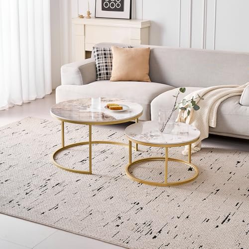 GrandCA HOME 2er-Set Runder Couchtische, Moderne Satztische für das Wohnzimmer, Goldener Metallrahmen, 50 cm und 70 cm Große Beistelltische, aus Pandora-Marmor-Sinterstein von GrandCA HOME