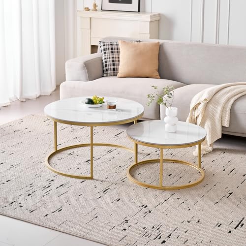 GrandCA HOME 2er-Set Runder Couchtische, Moderne Satztische für das Wohnzimmer, Goldfarbener Metallrahmen, 50 cm und 70 cm Große Beistelltische, aus Gesintertem Weißem Marmor von GrandCA HOME