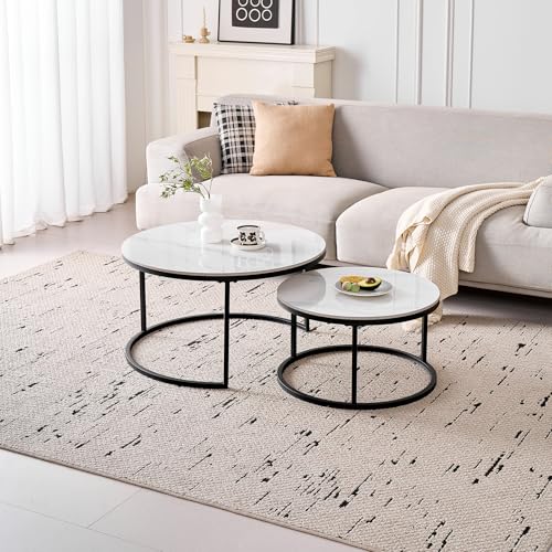 GrandCA HOME 2er-Set Runder Couchtische, Moderne Satztische für das Wohnzimmer, Schwarzer Metallrahmen, 50 cm und 70 cm Große Beistelltische, aus Gesintertem Weißem Marmor von GrandCA HOME