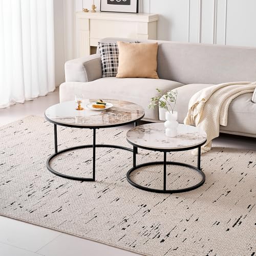 GrandCA HOME 2er-Set Runder Couchtische, Moderne Satztische für das Wohnzimmer, Schwarzer Metallrahmen, 50 cm und 70 cm Große Beistelltische, aus Pandora-Marmor-Sinterstein von GrandCA HOME