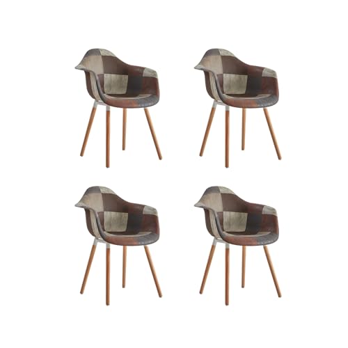 GrandCA HOME 4er-Set Esszimmerstühle, nordische Küchenstühle, gepolsterte Stühle mit Armlehne aus Patchwork-Stoff, Moderne Sessel mit Beinen aus Buchenholz, Braun+Grau von GrandCA HOME