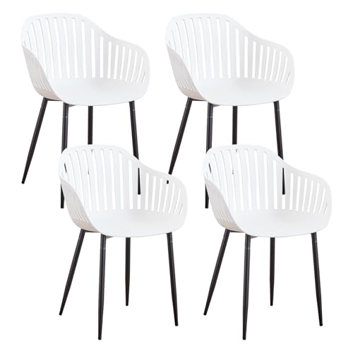 GrandCA HOME 4er Set Modernes Esszimmerstuhl-Set, Küchenstuhl mit Vertikaler Hohlrückenlehne, mit Armlehnen und Schwarzen Metallbeinen, Geeignet für Wohnzimmer, Balkon, Büro - Weiß von GrandCA HOME