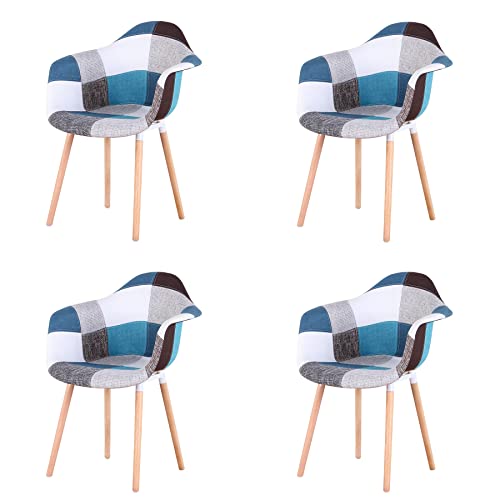 GrandCA HOME 4er-Set Sessel mit Patchwork-Stoffkissen Esszimmerstühle Holzbeine für Küche, Wohnzimmer,Blau A5 von GrandCA HOME