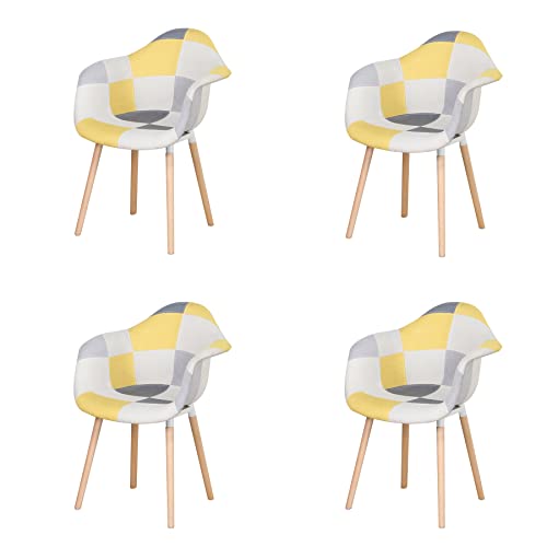 GrandCA HOME 4er-Set Sessel mit Patchwork-Stoffkissen Esszimmerstühle Holzbeine für Küche, Wohnzimmer,Gelb A5 von GrandCA HOME
