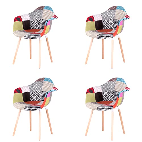 GrandCA HOME 4er-Set Sessel mit Patchwork-Stoffkissen Esszimmerstühle Holzbeine für Küche, Wohnzimmer,Rot A5 von GrandCA HOME
