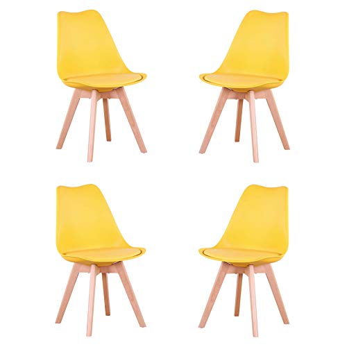 GrandCA HOME 4er-Set Esszimmerstühle, Bürostühle mit Beinen aus massivem Buchenholz, gepolsterte Stühle im Retro-Design, Küchenstühle aus Holz, Gelb von GrandCA HOME
