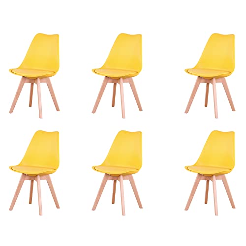 GrandCA HOME 6er-Set Esszimmerstühle, Bürostühle mit Beinen aus massiver Buche, Retro-Design, gepolsterte Stühle, Küchenstühle aus Holz, Gelb von GrandCA HOME