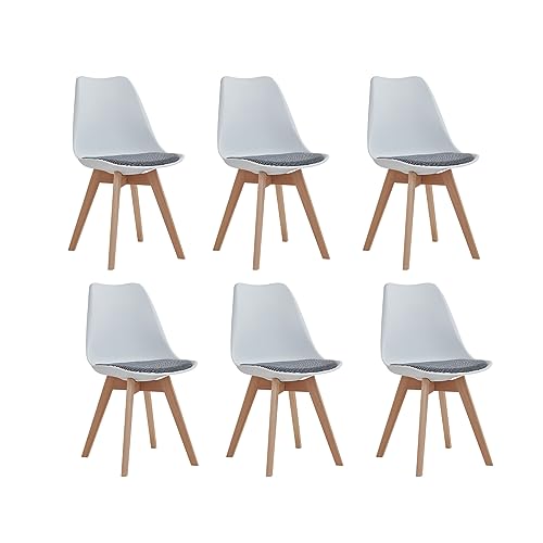 GrandCA HOME 6er-Set Esszimmerstühle mit Beinen aus massiver Buche, Retro-Design, gepolsterter Stuhl, Küchenstuhl, Holz, Weiß von GrandCA HOME
