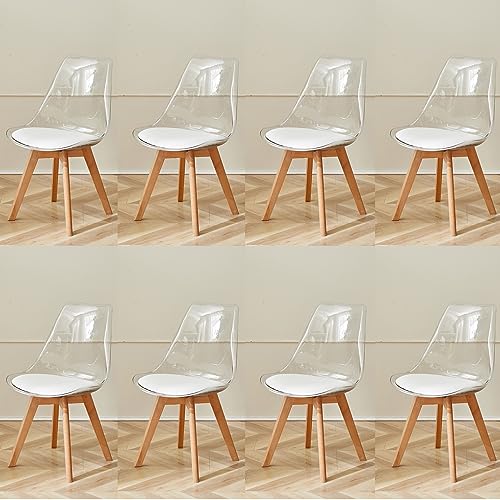 GrandCA HOME 8er Set Esszimmerstühle mit Sitzkissen aus PU-Leder, transparente Beistellstühle für Küche, Esszimmer, Schlafzimmer (Weiß/PU) von GrandCA HOME