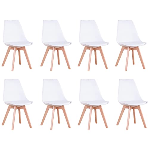 GrandCA HOME 8er-Set Esszimmerstühle, Bürostühle mit Beinen aus massiver Buche, Retro-Design, gepolsterte Stühle, Küchenstühle aus Holz, Weiß von GrandCA HOME