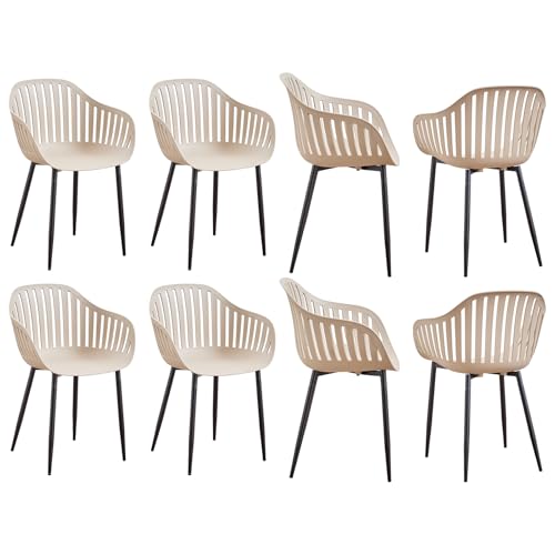 GrandCA HOME 8er Set Modernes Esszimmerstuhl-Set, Küchenstuhl mit Vertikaler Hohlrückenlehne, mit Armlehnen und Schwarzen Metallbeinen, Geeignet für Wohnzimmer, Balkon, Büro - Khaki von GrandCA HOME