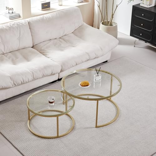 GrandCA HOME Couchtisch 2er Set,Stapelbarer Couchtisch, Couchtische Rund, Gehärtete Glasplatte, Vergoldete Metallbeine，Geeignet für Wohnzimmer, Esszimmer, Café（Ø80 x 45H cm，Ø60x35H cm） von GrandCA HOME