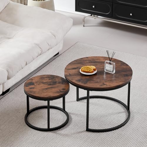 GrandCA HOME Couchtisch 2er Set,Stapelbarer Couchtisch, Couchtische Rund, MDF-Tischplatte, Schwarze Tischbeine aus Edelstahl，Geeignet für Wohnzimmer, Esszimmer（Ø60 x 45H cm，Ø40x35H cm，Dunkle Eiche） von GrandCA HOME