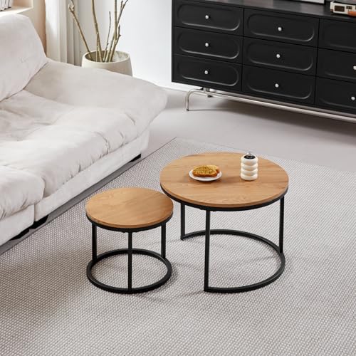 GrandCA HOME Couchtisch 2er Set,Stapelbarer Couchtisch, Couchtische Rund, MDF-Tischplatte, Schwarze Tischbeine aus Edelstahl，Geeignet für Wohnzimmer, Esszimmer（Ø60 x 45H cm，Ø40x35H cm，Eiche Hell） von GrandCA HOME