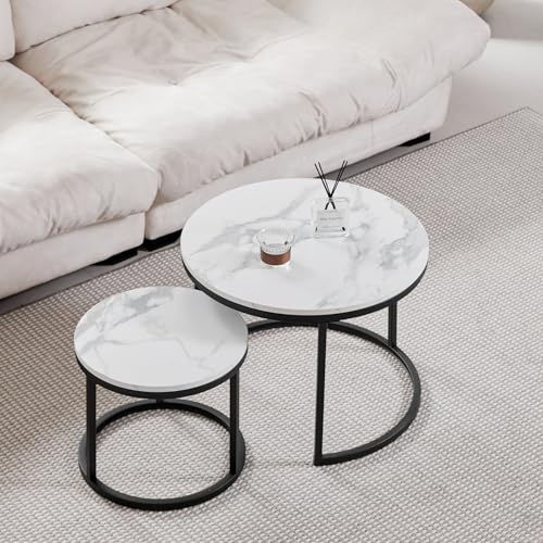 GrandCA HOME Couchtisch 2er Set,Stapelbarer Couchtisch, Couchtische Rund, Marmorierte MDF-Tischplatte, Schwarze Tischbeine aus Edelstahl，Geeignet für Wohnzimmer, Esszimmer（Ø60 x 45H cm，Ø40x35H cm） von GrandCA HOME