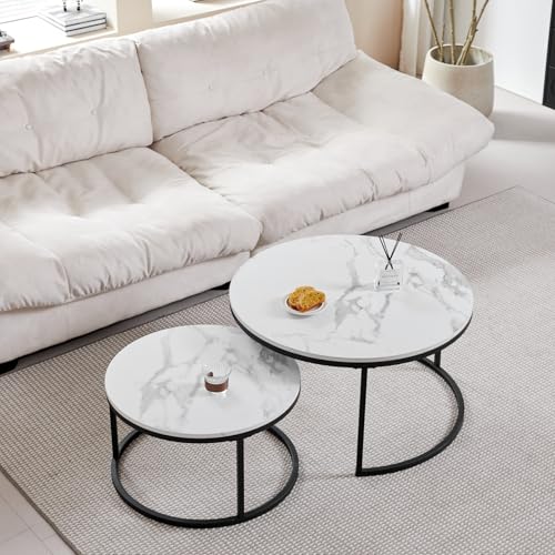 GrandCA HOME Couchtisch 2er Set,Stapelbarer Couchtisch, Couchtische Rund, Marmorierte MDF-Tischplatte, Schwarze Tischbeine aus Edelstahl，Geeignet für Wohnzimmer, Esszimmer（Ø80 x 45H cm，Ø60x35H cm） von GrandCA HOME