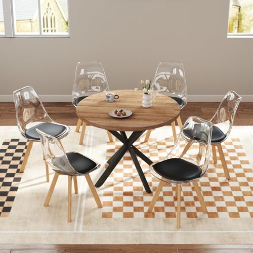 GrandCA HOME Esstisch mit 6 Stühlen, 100 cm Runder Esstisch mit Gekreuzten Metallbeinen, Küchenstuhl mit Transparenter Rückenlehne und Polsterung, Esstisch Stuhl Set (Dunkel + Schwarz) von GrandCA HOME