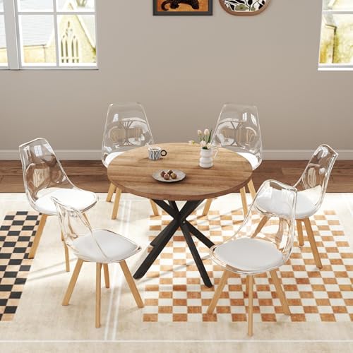 GrandCA HOME Esstisch mit 6 Stühlen, 100 cm Runder Esstisch mit Gekreuzten Metallbeinen, Küchenstuhl mit Transparenter Rückenlehne und Polsterung, Esstisch Stuhl Set (Dunkel + Weiß) von GrandCA HOME