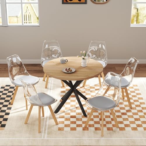 GrandCA HOME Esstisch mit 6 Stühlen, 100 cm Runder Esstisch mit Gekreuzten Metallbeinen, Küchenstuhl mit Transparenter Rückenlehne und Polsterung, Esstisch Stuhl Set (Hell + Grau) von GrandCA HOME