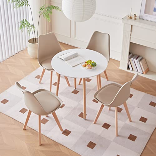 GrandCA HOME Esstisch und 4 Esszimmerstühle, Modernes Esszimmer-Set, Runder Desktop-Tisch mit Spleißstruktur und Küchenstühle in Khaki von GrandCA HOME