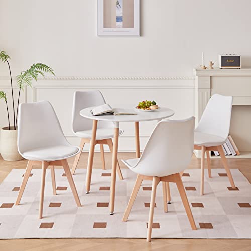 GrandCA HOME Esstisch und 4 Esszimmerstühle, Modernes Esszimmer-Set, Runder Desktop-Tisch mit Spleißstruktur und Küchenstühle in Weiß von GrandCA HOME