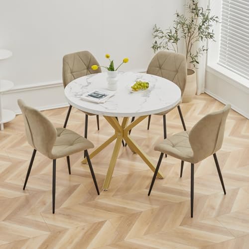 GrandCA HOME Esstisch und Stuhlset, 100 cm Runder Esstisch und 4 Moderne Leinenstühle, für Esszimmer, Küche, Wohnzimmer (Marmor + Grün) von GrandCA HOME