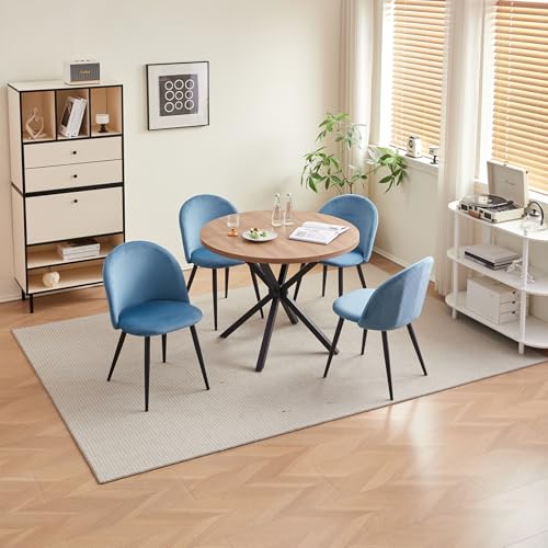 GrandCA HOME Esstisch- und Stuhlset, 100 cm Runder Esstisch und 4 Nordische Samtstühle, Geeignet für Wohnzimmer, Esszimmer, Küche (Dunkle Holzmaserung + Blau) von GrandCA HOME