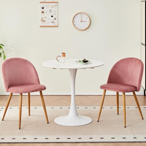 GrandCA HOME Esstisch- und Stuhlset, 70 cm Runder Esstisch und 2 Nordische Samtstühle, Geeignet für Wohnzimmer, Esszimmer, Küche (Weiß + Rosa) von GrandCA HOME