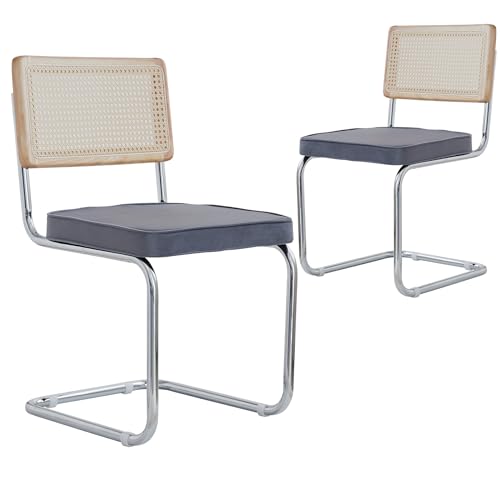 GrandCA HOME Modernes 2er-Set Esszimmerstühlen mit Rückenlehne aus Natürlichem Rohrgeflecht und Gestell aus Rostfreiem Chrom, Gepolsterte Küchenstühle aus Rattan,Grau von GrandCA HOME