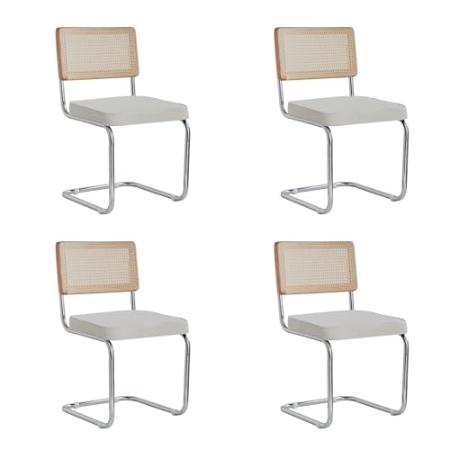 GrandCA HOME Modernes 4er-Set Esszimmerstühlen mit Rückenlehne aus Natürlichem Rohrgeflecht und Gestell aus Rostfreiem Chrom, Gepolsterte Rattan-Küchenstühle,Weiß von GrandCA HOME