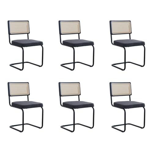 GrandCA HOME Modernes 6er-Set Esszimmerstühlen mit Rückenlehne aus Natürlichem Rohrgeflecht und Gestell aus Metallstahl, Gepolsterte Rattan-Küchenstühle,Schwarz von GrandCA HOME