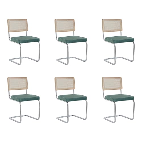 GrandCA HOME Modernes 6er-Set Esszimmerstühlen mit Rückenlehne aus Natürlichem Rohrgeflecht und Gestell aus Rostfreiem Chrom, Gepolsterte Küchenstühle aus Rattan,Grün von GrandCA HOME