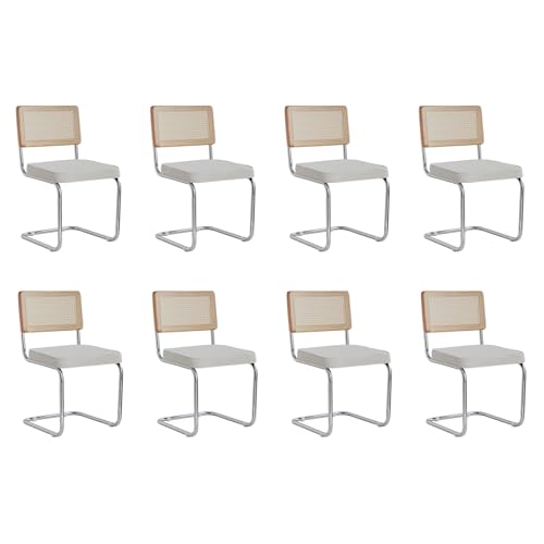GrandCA HOME Modernes 8er-Set Esszimmerstühlen mit Rückenlehne aus Natürlichem Rohrgeflecht und Gestell aus Rostfreiem Chrom, Gepolsterte Rattan-Küchenstühle,Weiß von GrandCA HOME