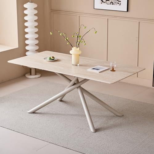 GrandCA HOME Rechteckiger Esstisch, Moderner 180 cm Küchentisch, Großer MDF-Schreibtisch mit Metallbeinen, für Esszimmer, Wohnzimmer, Büro (Gelber Travertin) von GrandCA HOME