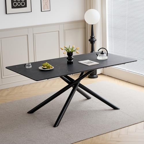 GrandCA HOME Rechteckiger Esstisch, Moderner 180 cm Küchentisch, Großer MDF-Schreibtisch mit Metallbeinen, für Esszimmer, Wohnzimmer, Büro (Schwarzer Marmor) von GrandCA HOME
