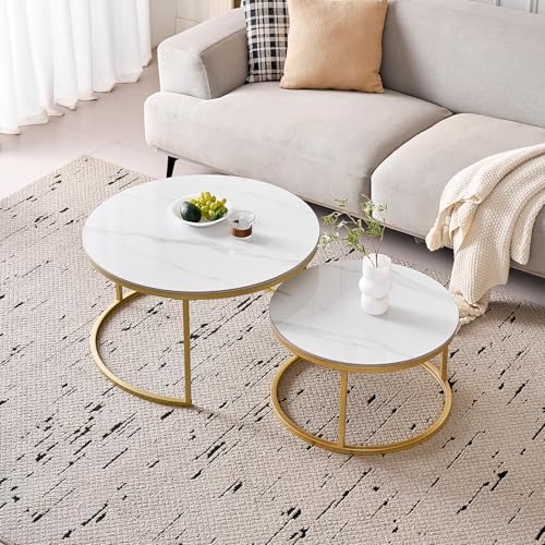 GrandCA HOME Runde Couchtische zum Ineinanderstapeln, 2er-Set, Moderne Wohnzimmertische mit Goldfarbenen Metallrahmen, 60 cm und 80 cm Große Beistelltische aus Weißem Marmor und Sinterstein von GrandCA HOME